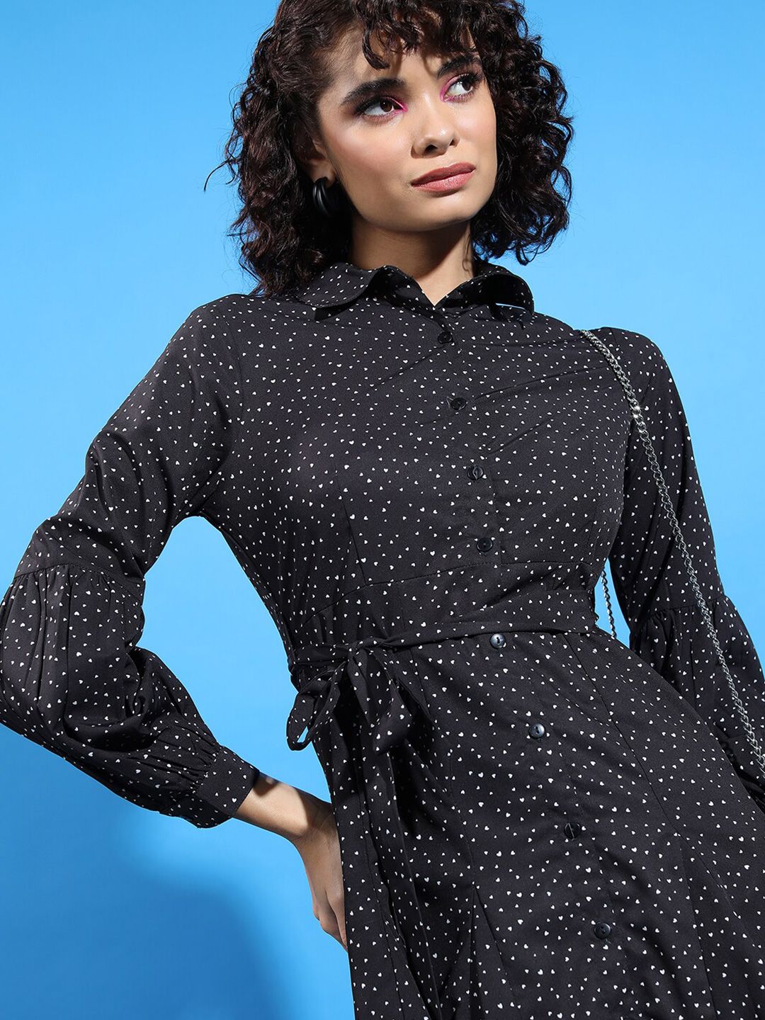 Tokyo Talkies Black & White Polka Dot Printed Cuffed Sleeves Shirt Dress