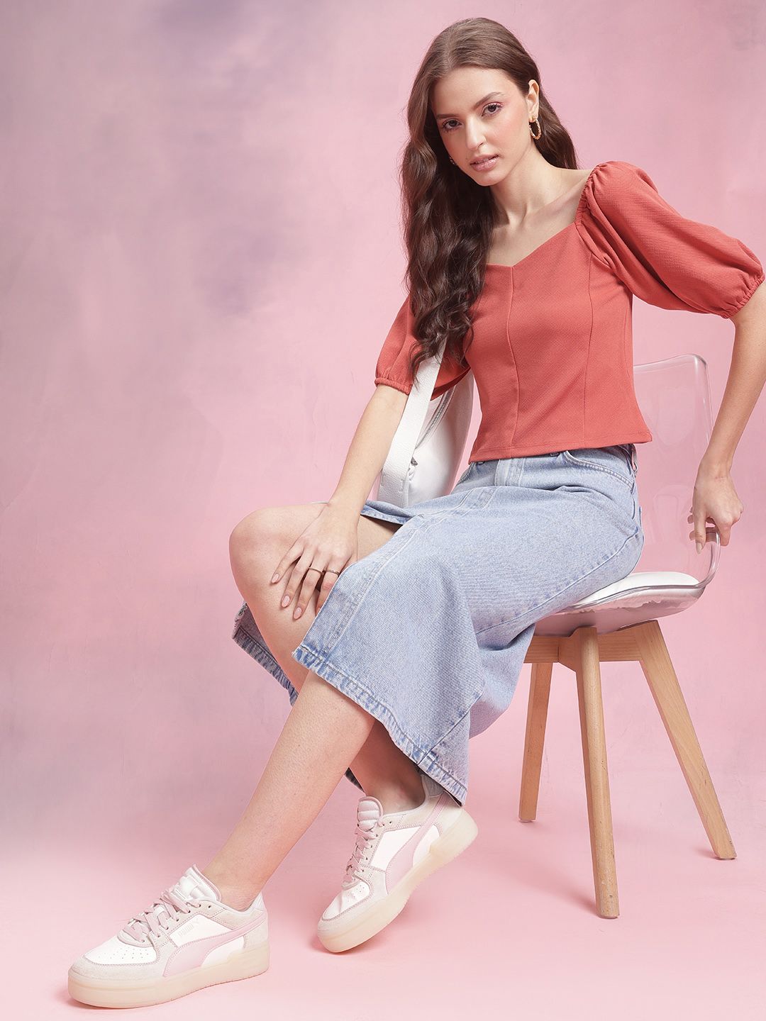 DressBerry Sweetheart Neck Puff Sleeve Textured Paneled Top