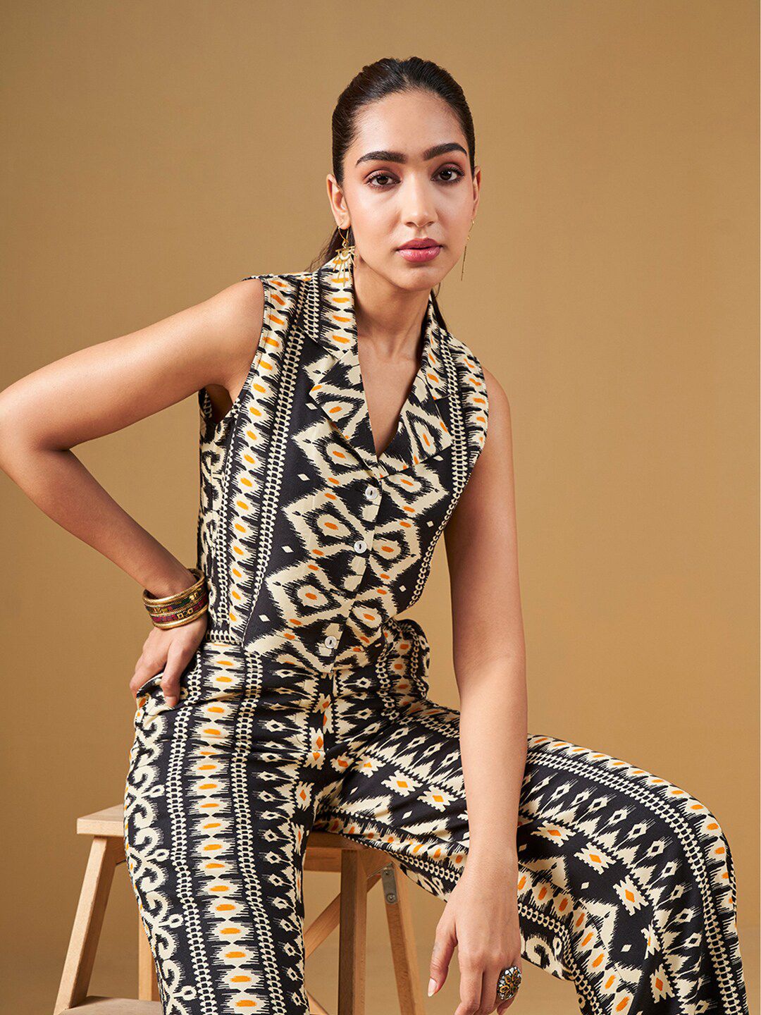 Global Desi Printed Lapel Collar Top & Palazzo