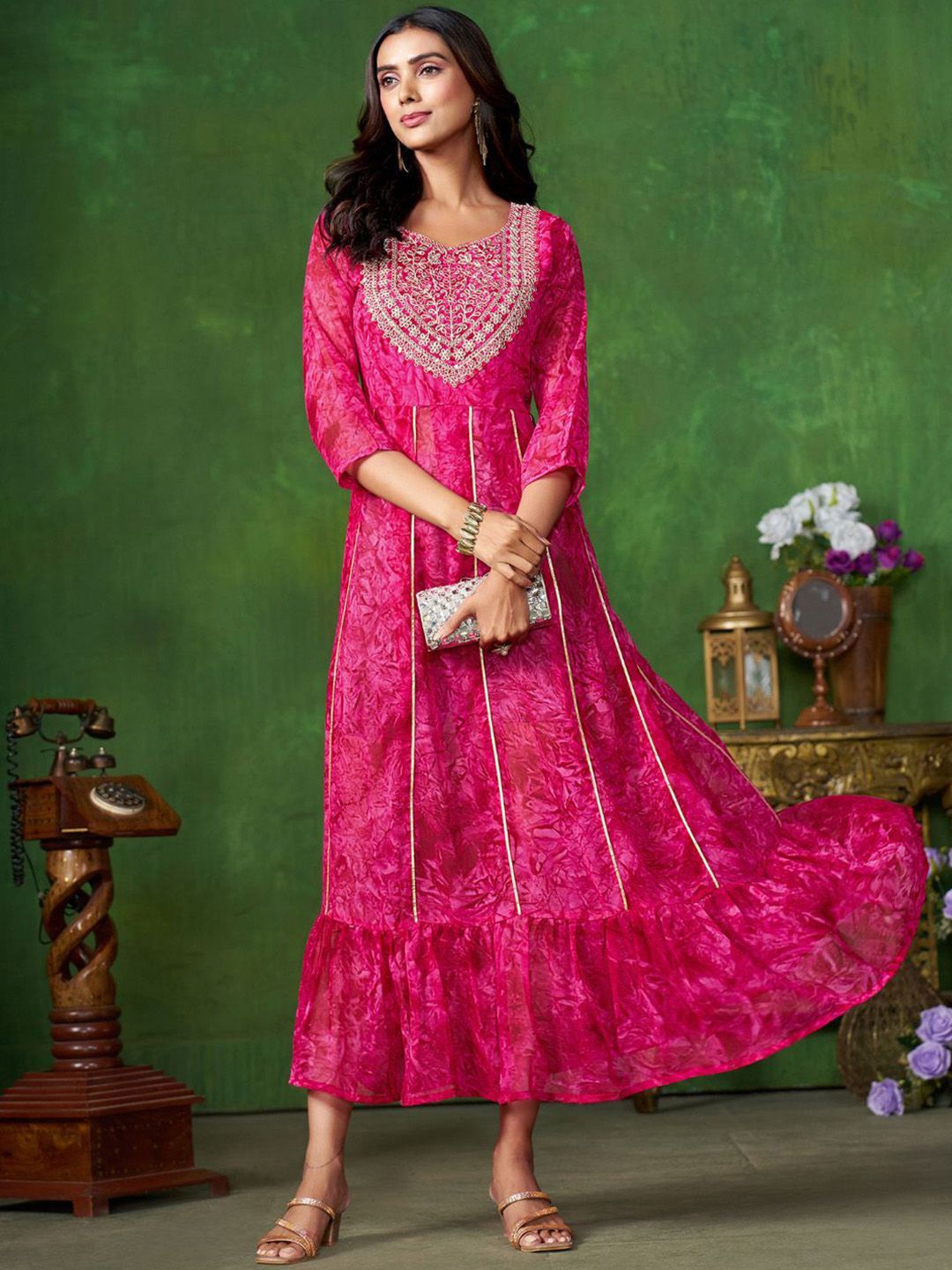 KALINI Ethnic Motifs Fit and Flare Ethnic Dress