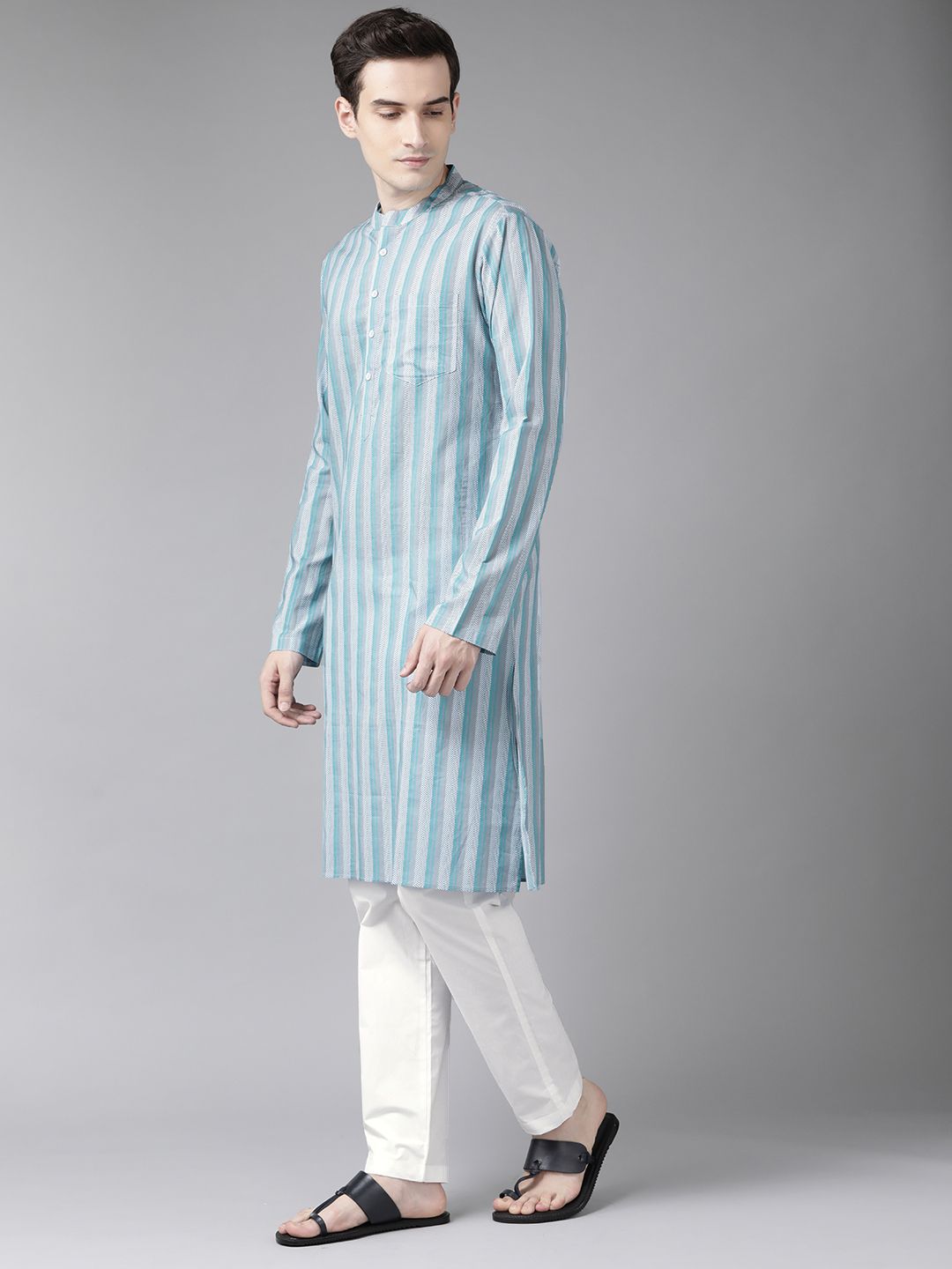 See Designs Men Blue Striped Pure Cotton Kurta with Trousers