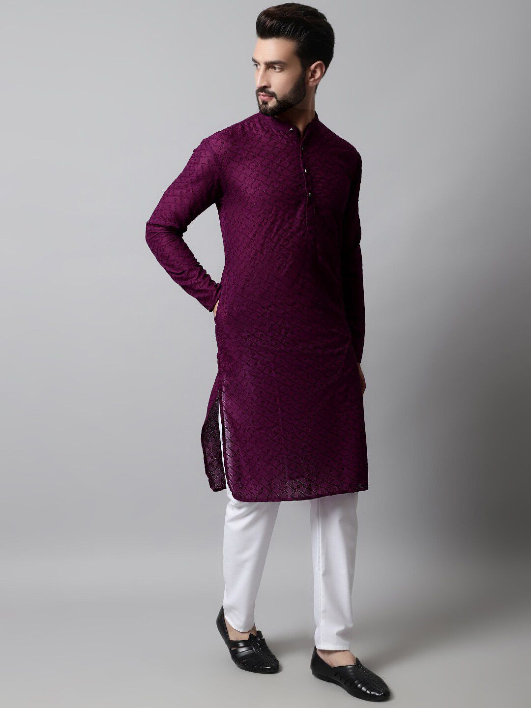 Jompers Embroidered Mandarin Collar Cotton Kurta