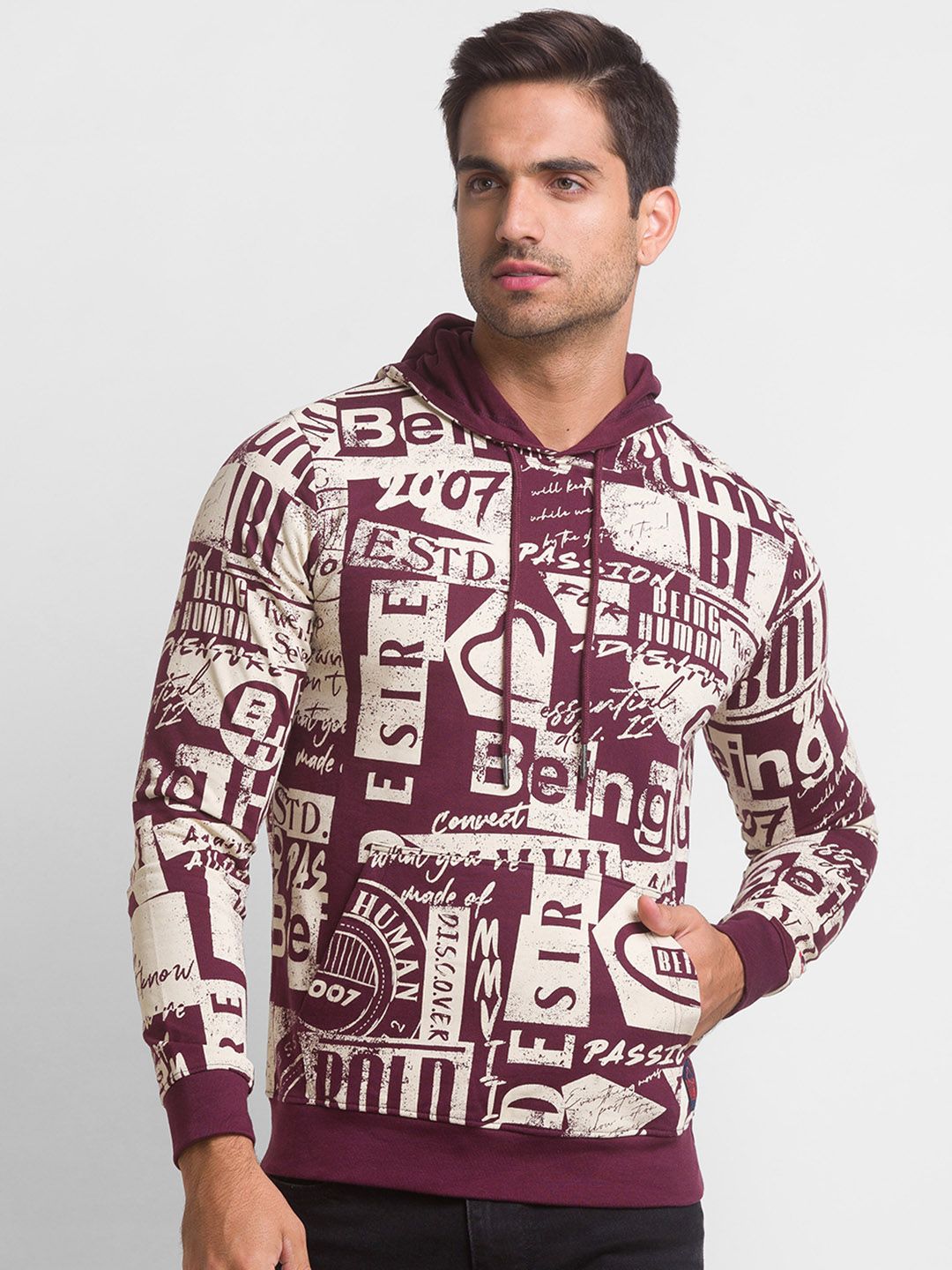 Being Human Men Violet Printed Hooded Sweatshirt