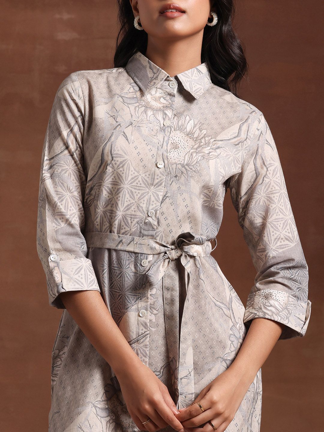 Libas Floral Printed Linen Shirt Collar A-Line Dress