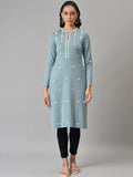 W Women Blue Embroidered Keyhole Neck Regular Sleeves Kurta