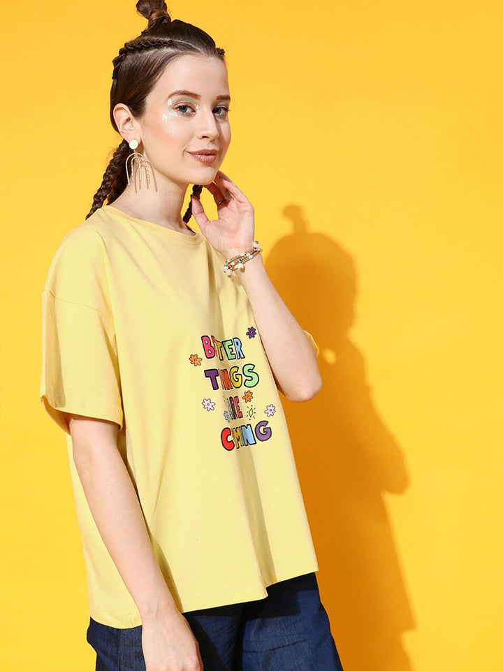 STREET 9 Women Yellow Printed Cotton Drop-Shoulder Sleeves Bio Finish Oversized T-shirt