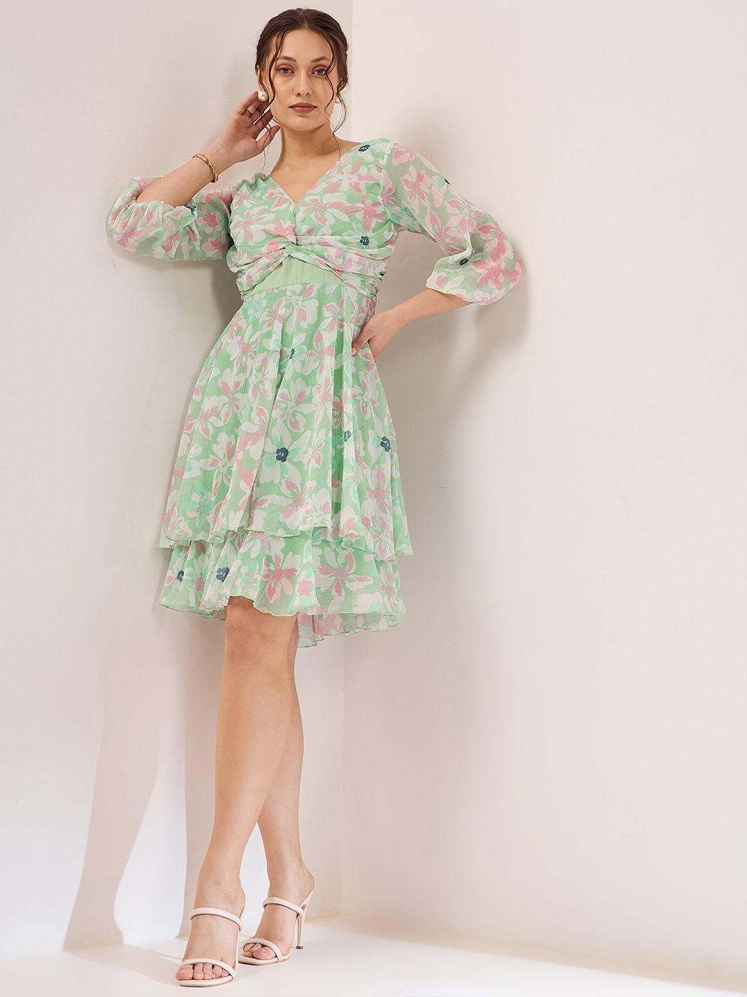 Antheaa Green Floral Printed Puff Sleeves Gathered Smocked Fit & Flare Dress