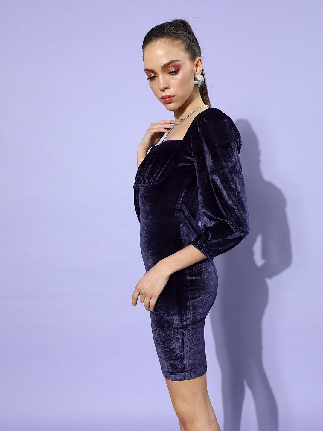 STREET 9 Women Deep Navy Blue Solid Velvet Dress