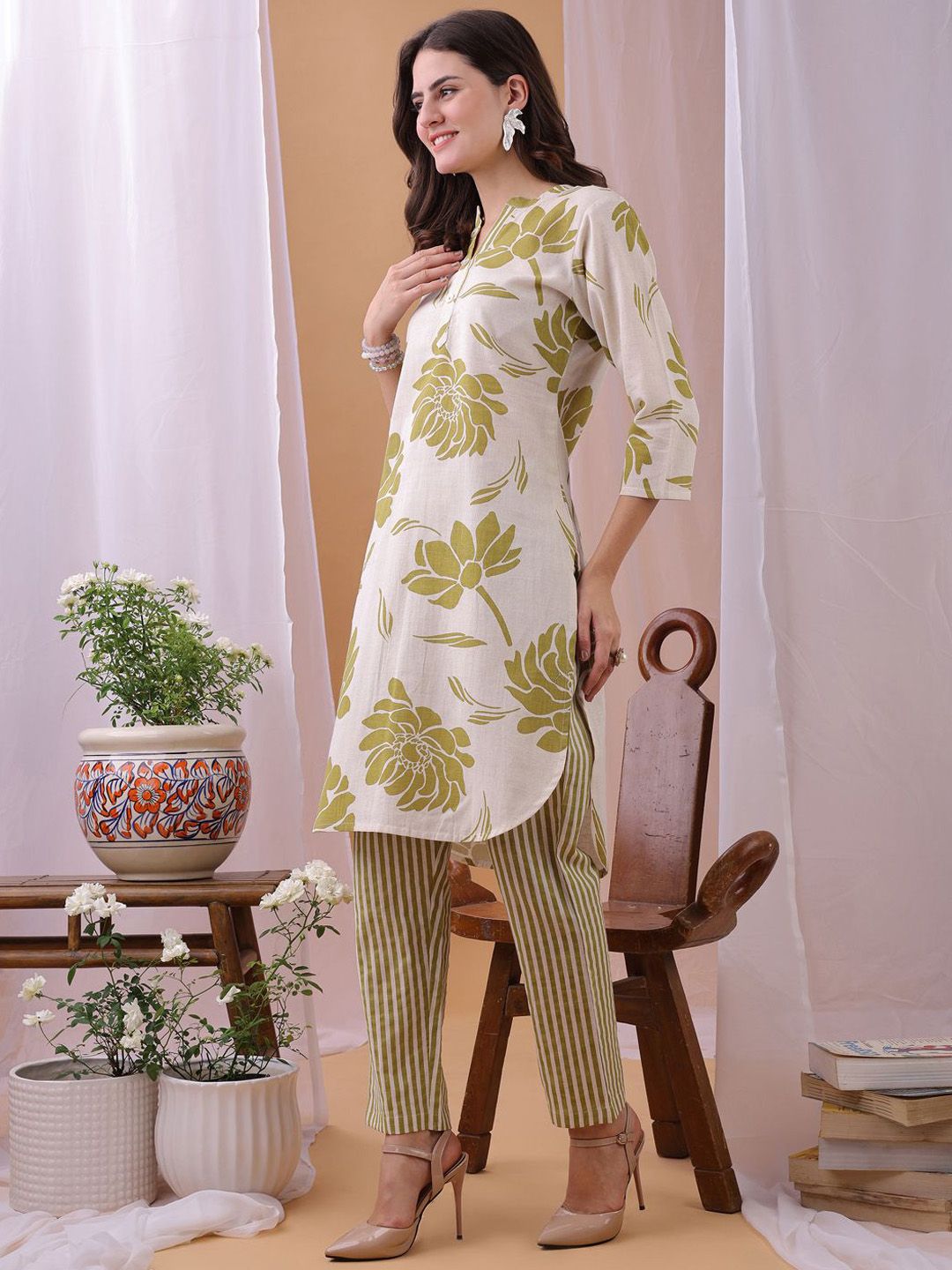 KALINI Floral Printed Pure Cotton Tunic & Trousers Co-Ord Set