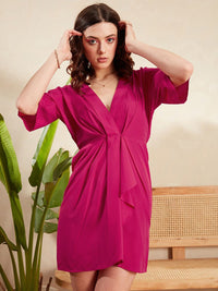 Berrylush Pink V-Neck Flared Sleeves Ruffles A-Line Mini Dress