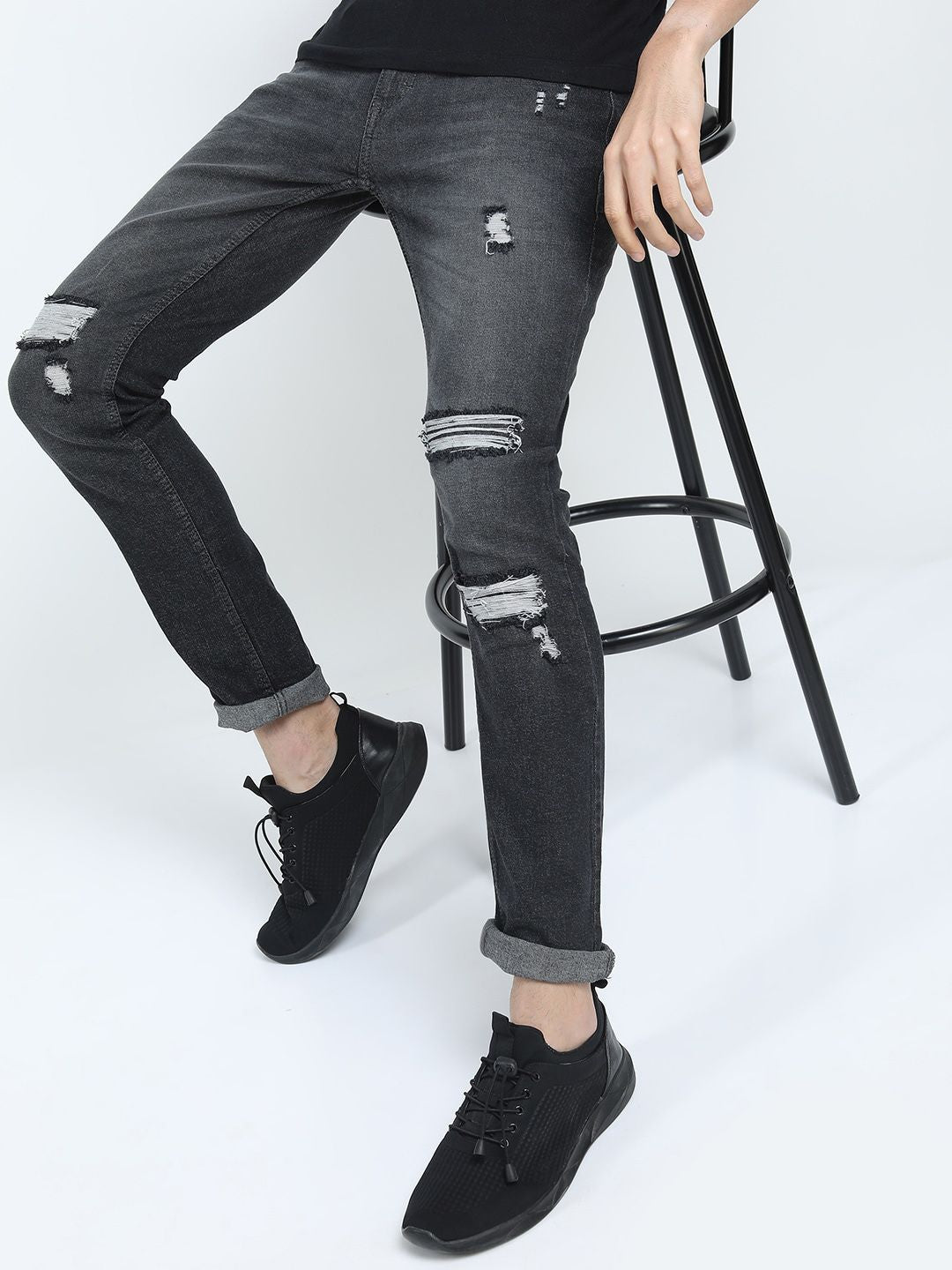 HIGHLANDER Men Charcoal Slim Fit Highly Distressed Stretchable Jeans