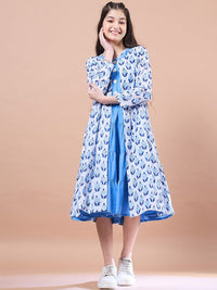 pspeaches Girls Floral Print Round Neck Sleeveless Tiered Midi Fit & Flared Cotton Dress