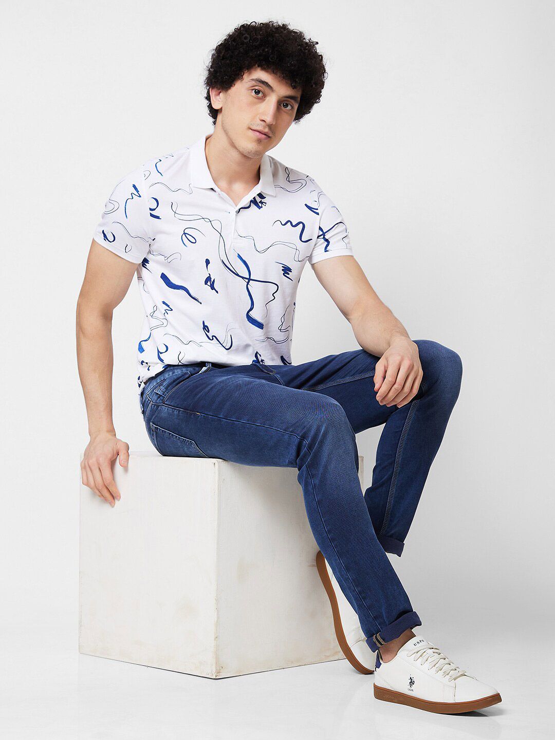 SPYKAR Abstract Printed Polo Collar Pure Cotton Slim Fit T-shirt