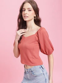 DressBerry Sweetheart Neck Puff Sleeve Textured Paneled Top