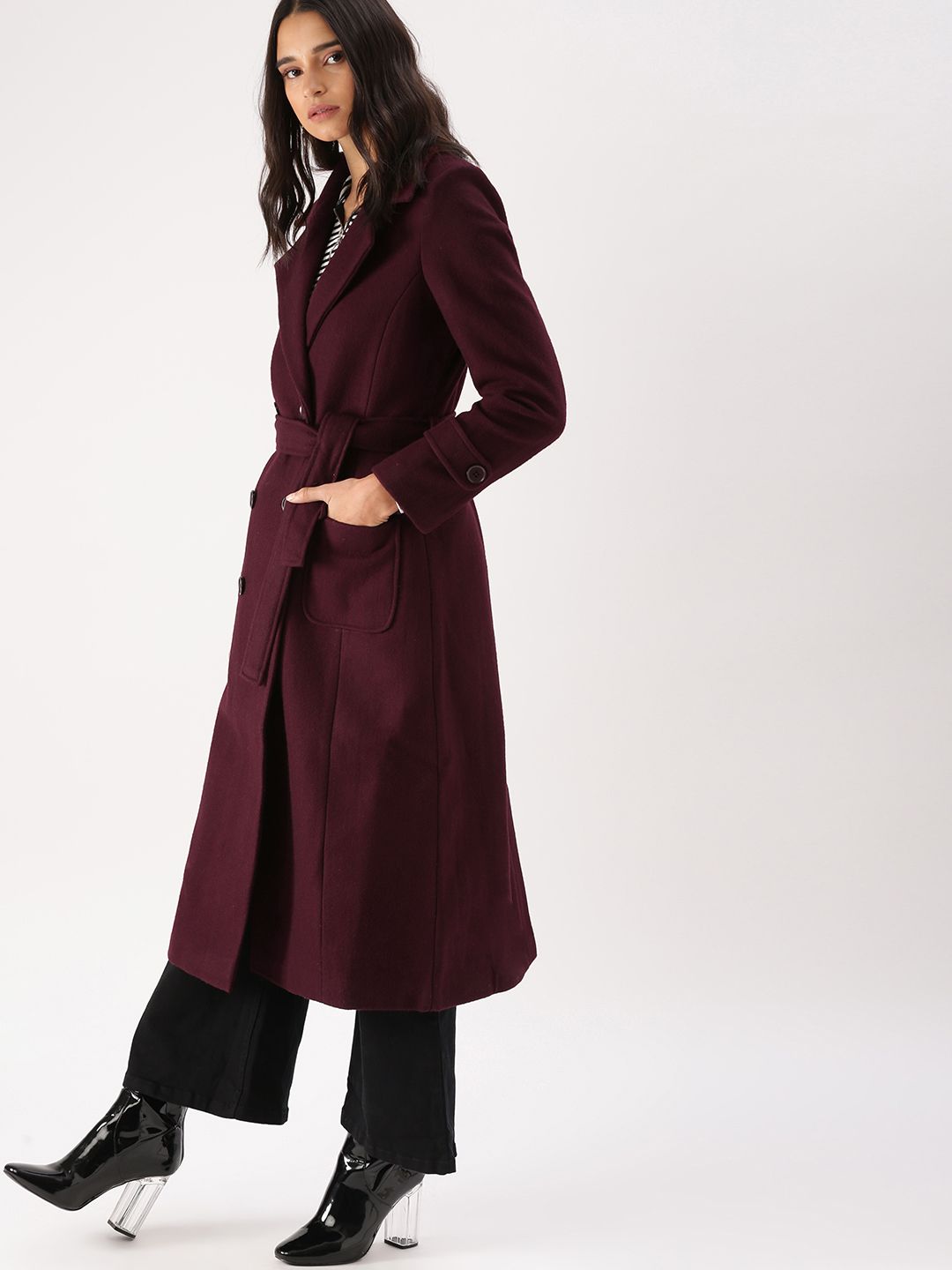 DressBerry Women Wine Red Trench Coat