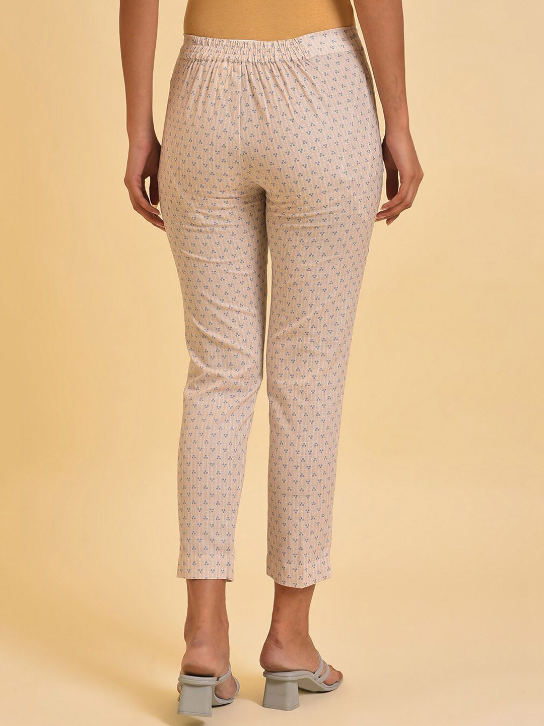 W Women Beige Printed Slim Fit Cigarette Trousers