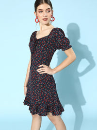 Berrylush Women Deep Navy Blue Floral Puff Sleeves Dress
