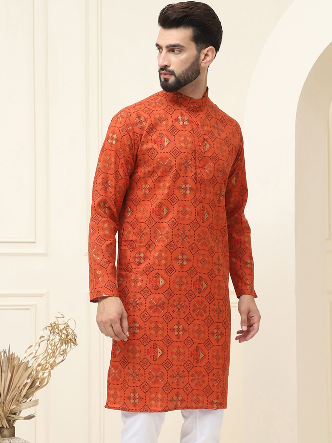 SOJANYA Men Orange & White Geometric Printed  Cotton Linen Kurta