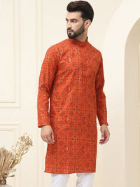 SOJANYA Men Orange & White Geometric Printed  Cotton Linen Kurta