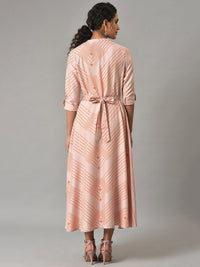 W Mandarin Collar Striped A-Line Midi Dress