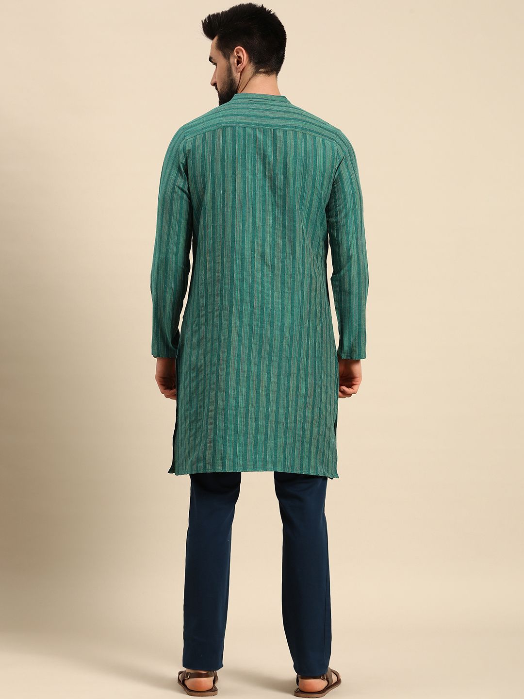 Anouk Men Teal Green Striped Kurta