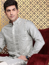 House of Pataudi Geometric Embroidered Mandarin Collar Mirror Work Jashn Kurta