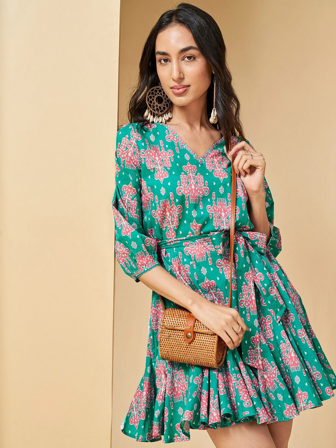 Global Desi Ethnic Motifs Printed Cuffed Sleeves Gathered Cotton Fit & Flare Dress