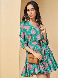 Global Desi Ethnic Motifs Printed Cuffed Sleeves Gathered Cotton Fit & Flare Dress