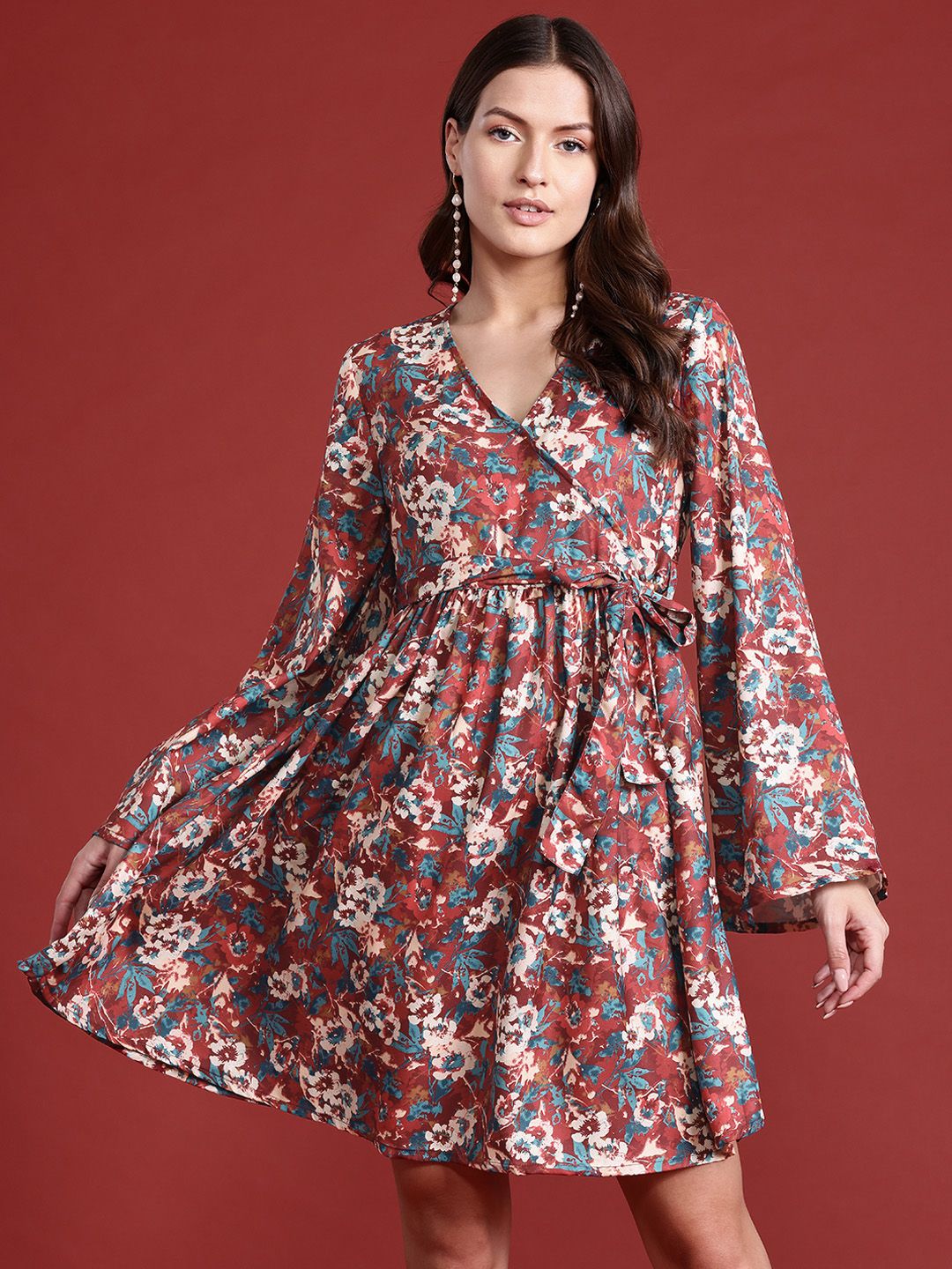 all about you Floral Printed Puff Sleeves Wrap Dress