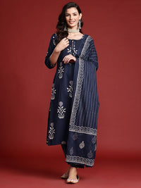 Indo Era Floral Printed Sequinned Pure Cotton Kurta With Trousers & Dupatta