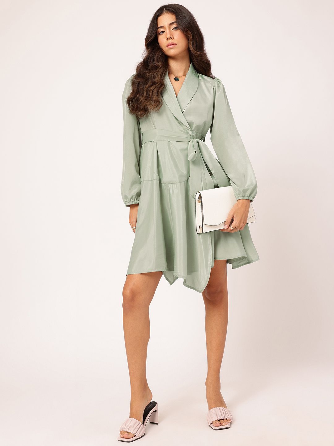 DressBerry Effortless Charm Shawl Collar Belted Wrap Tiered Mini Dress