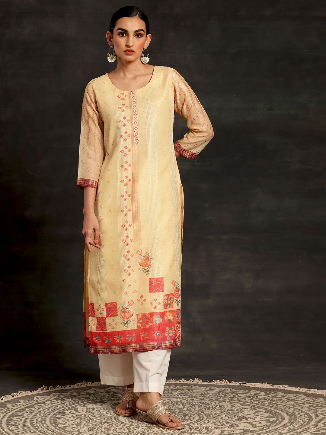 Libas Ethnic Motifs Printed Round Neck Chanderi Silk Kurta