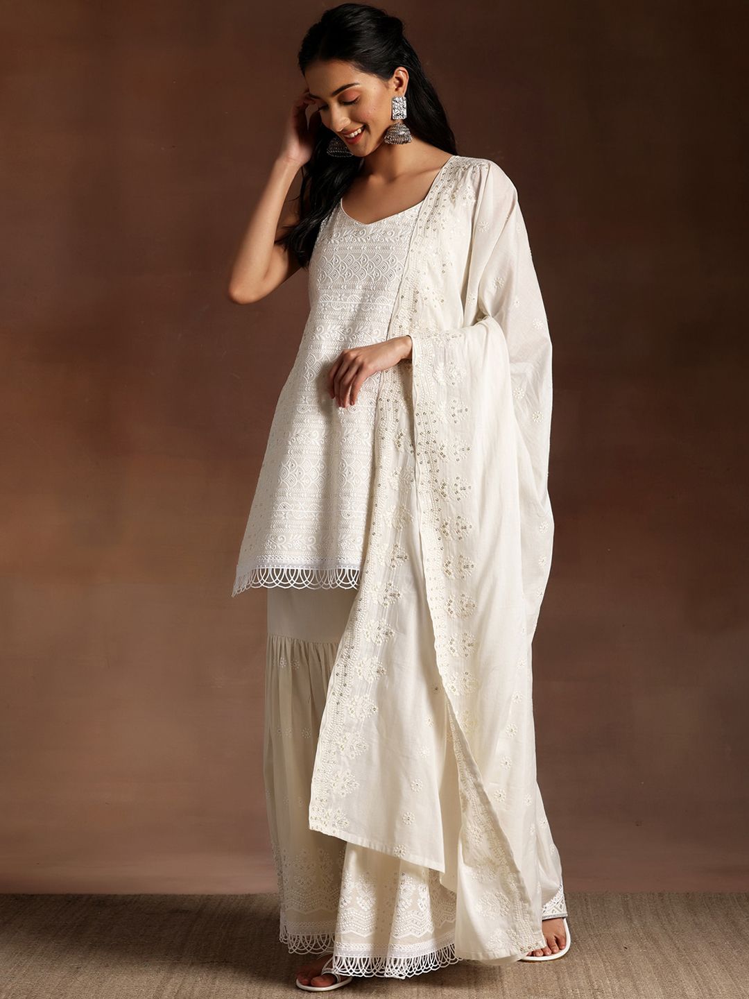 Libas Ethnic Motifs Embroidered Thread Work Pure Cotton Kurta With Sharara & Dupatta