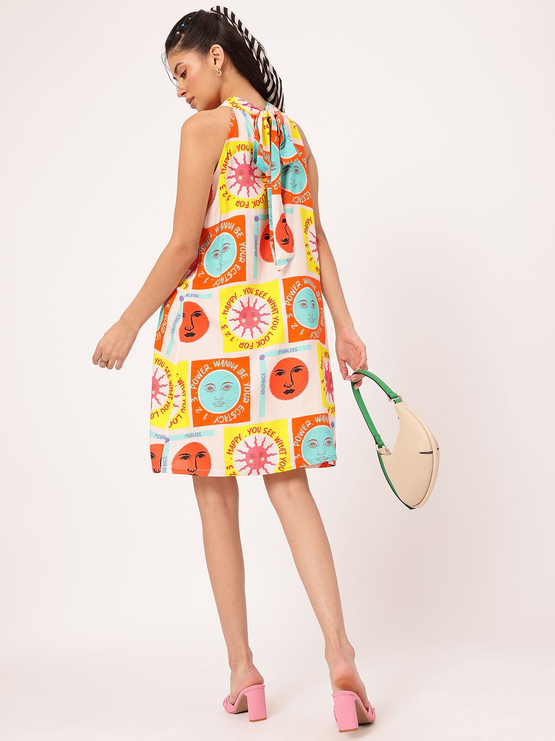 DressBerry Giggle & Glam Quirky Conversational Printed Halter Neck Tie Up Dress