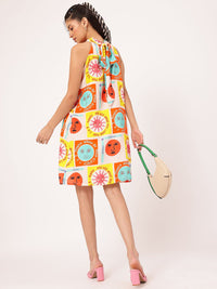 DressBerry Giggle & Glam Quirky Conversational Printed Halter Neck Tie Up Dress