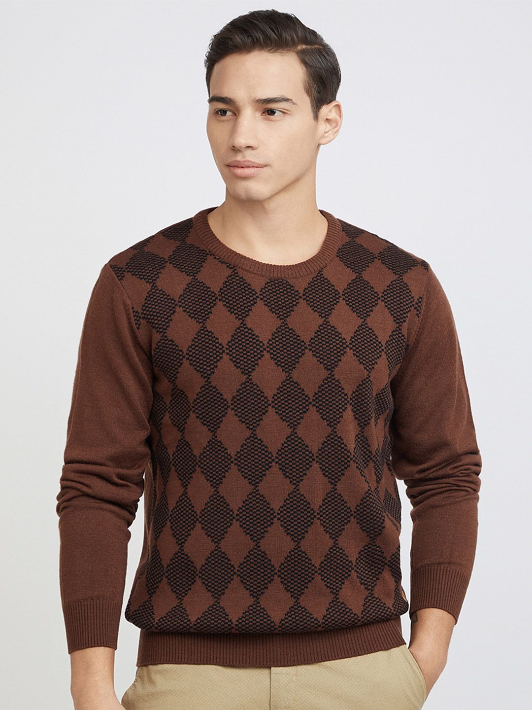 Raymond Men Brown & Black Geometric Patterned Pullover