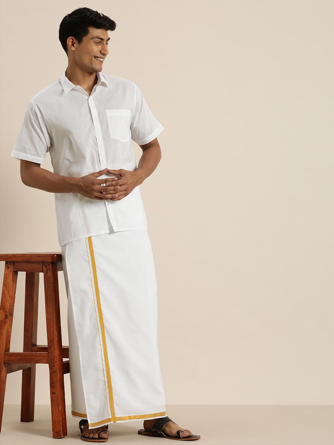 VASTRAMAY Men White & White Shirt with Dhoti