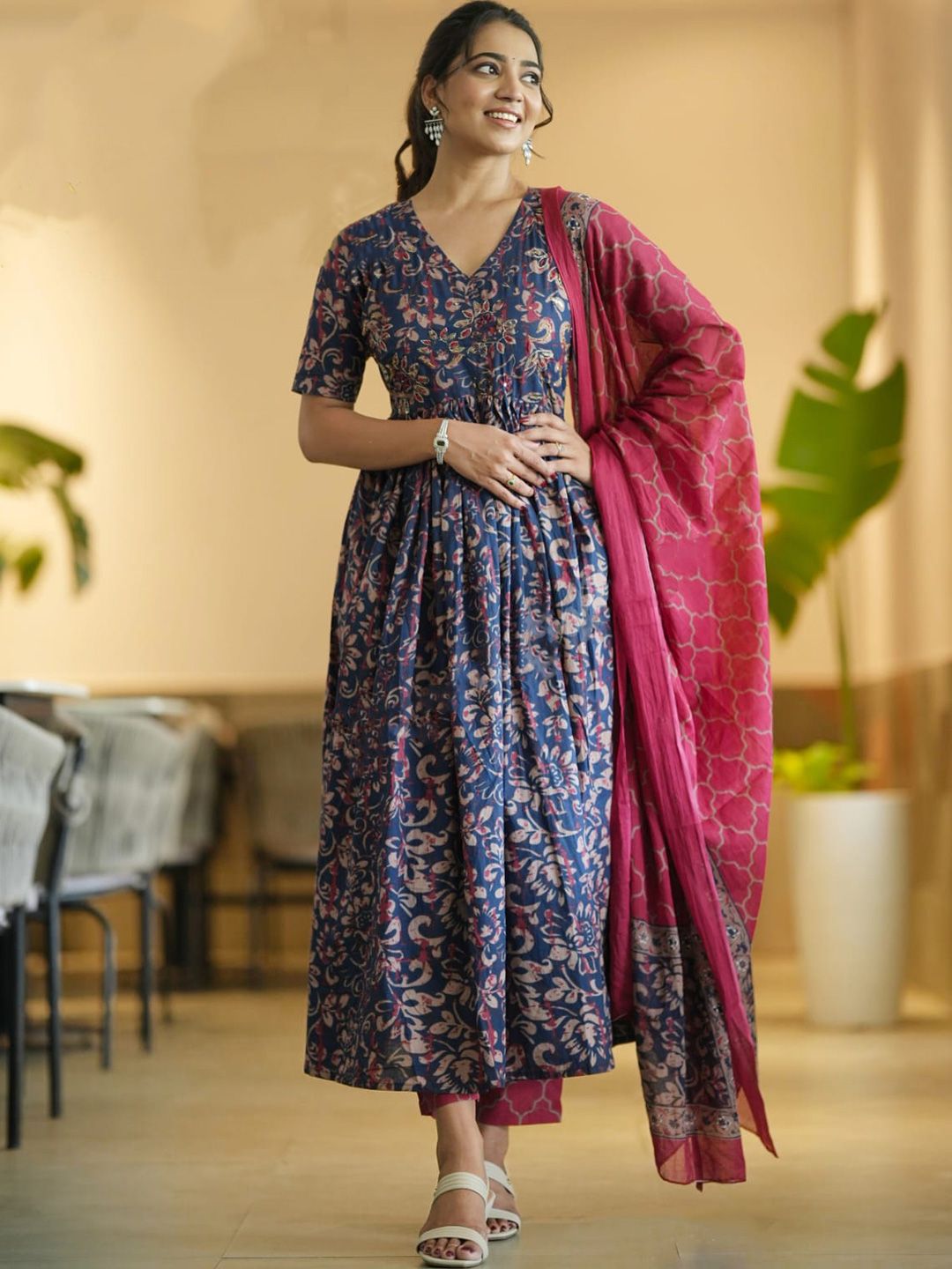 KALINI Floral Printed V-Neck Anarkali Kurta With Trousers And Dupatta