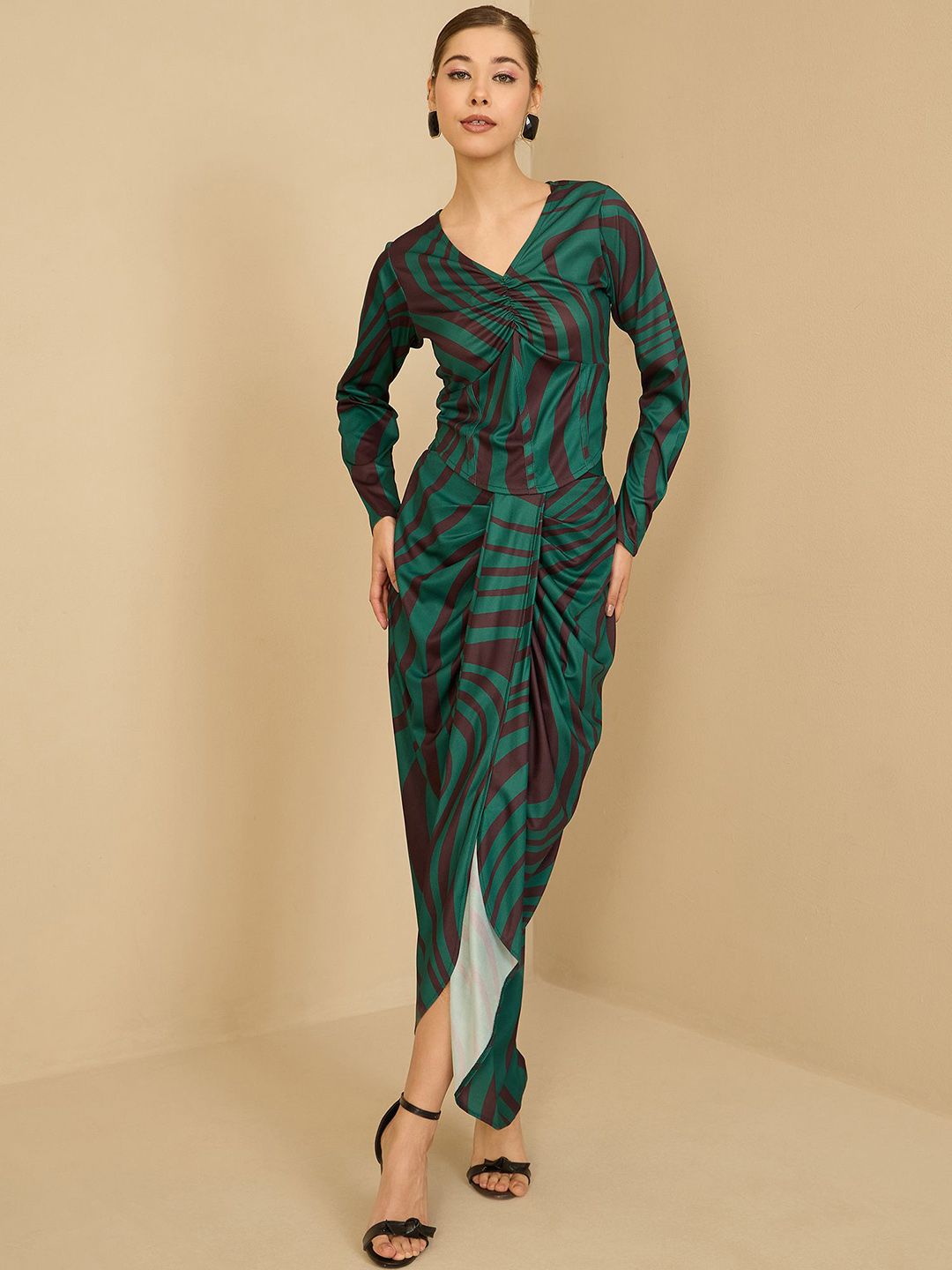 Antheaa Green Printed V-Neck Top With Skirt