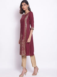 W Women Maroon Floral Printed Keyhole Neck Kurta