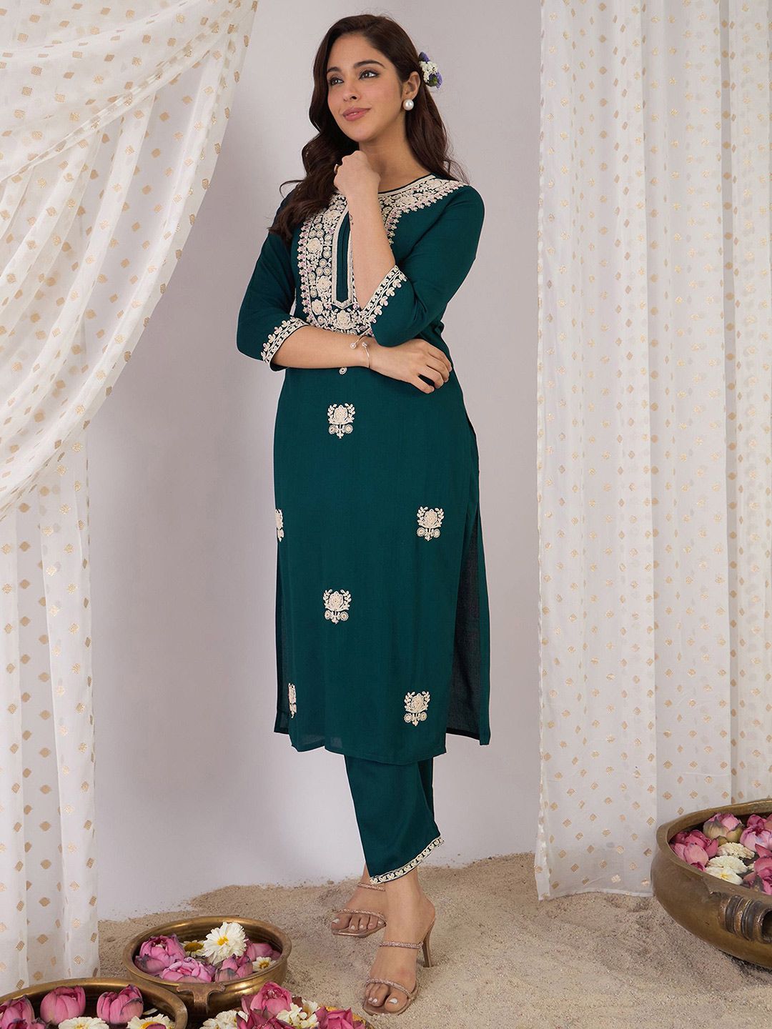Indo Era Embroidered Round Neck Kurta With Trouser