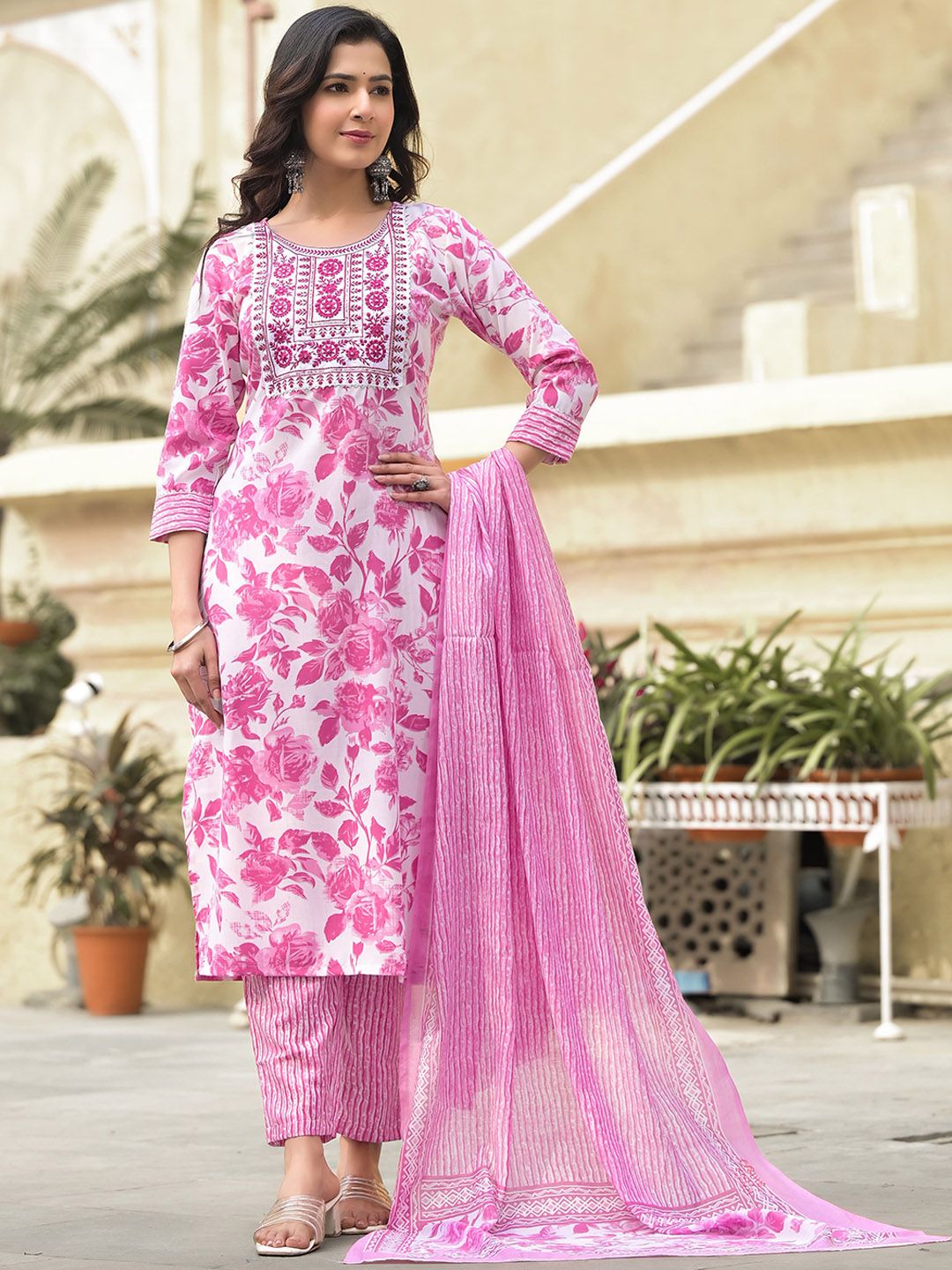 KALINI Floral Printed Embroidered Thread Work Straight Kurta With Trousers & Dupatta