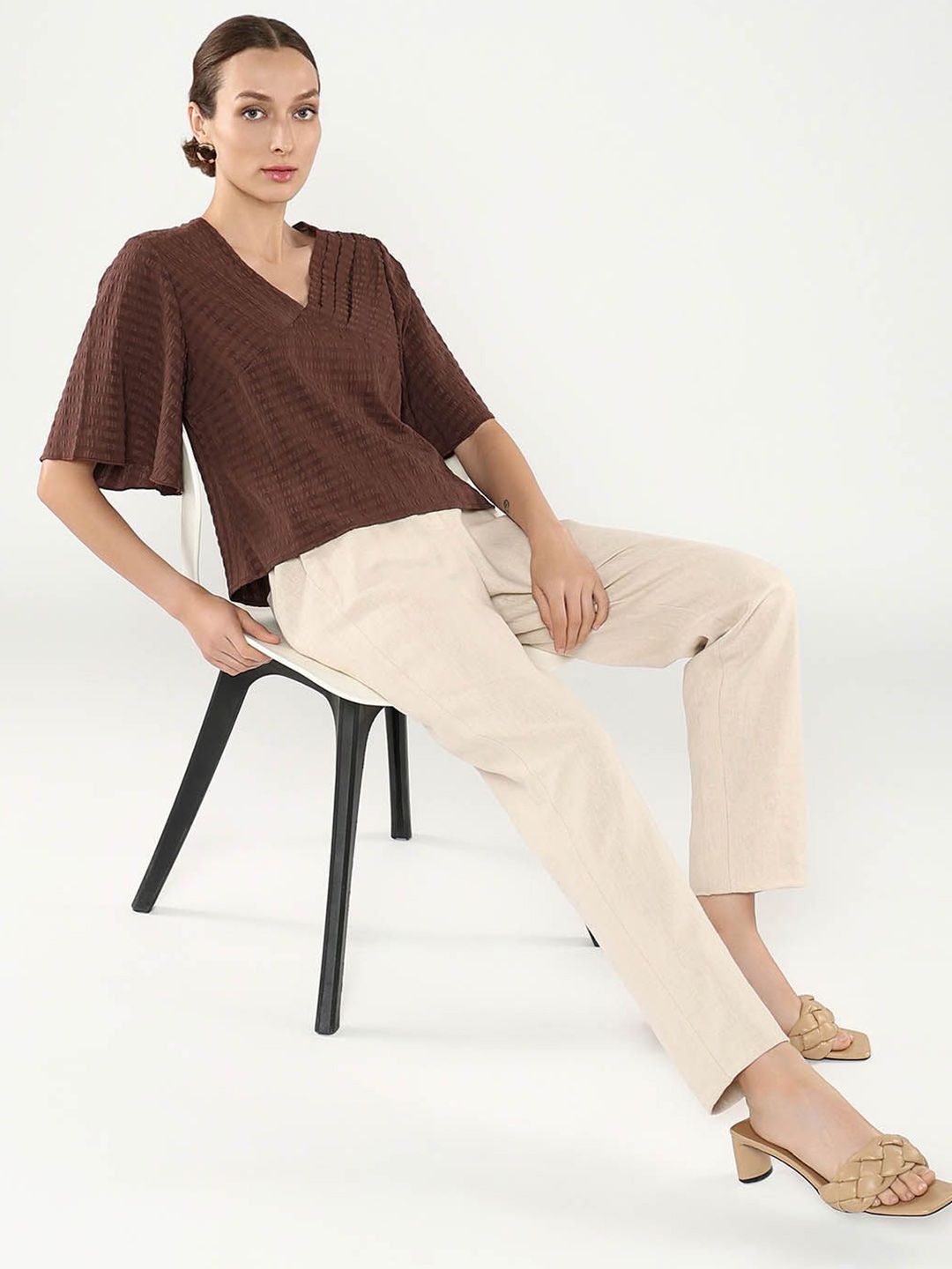 RAREISM Solid Self Design V-Neck Top