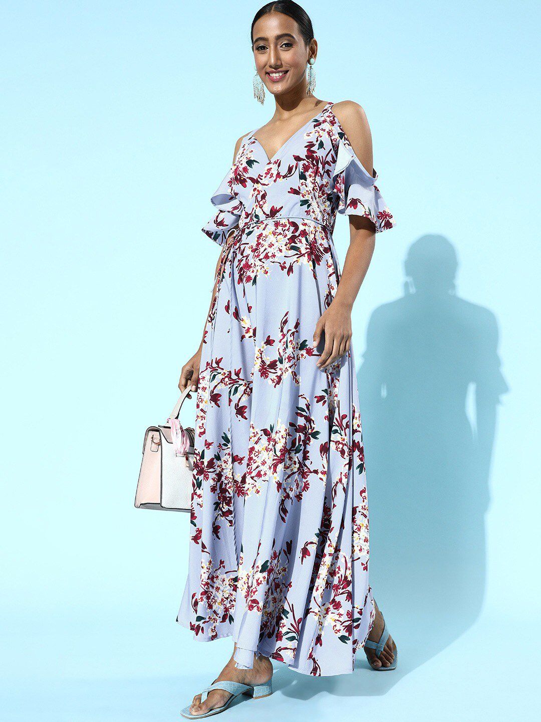 Berrylush Women Blue Floral Crepe Wrap Dress