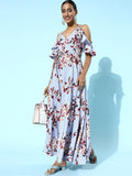 Berrylush Women Blue Floral Crepe Wrap Dress
