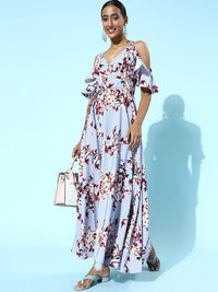 Berrylush Women Blue Floral Crepe Wrap Dress