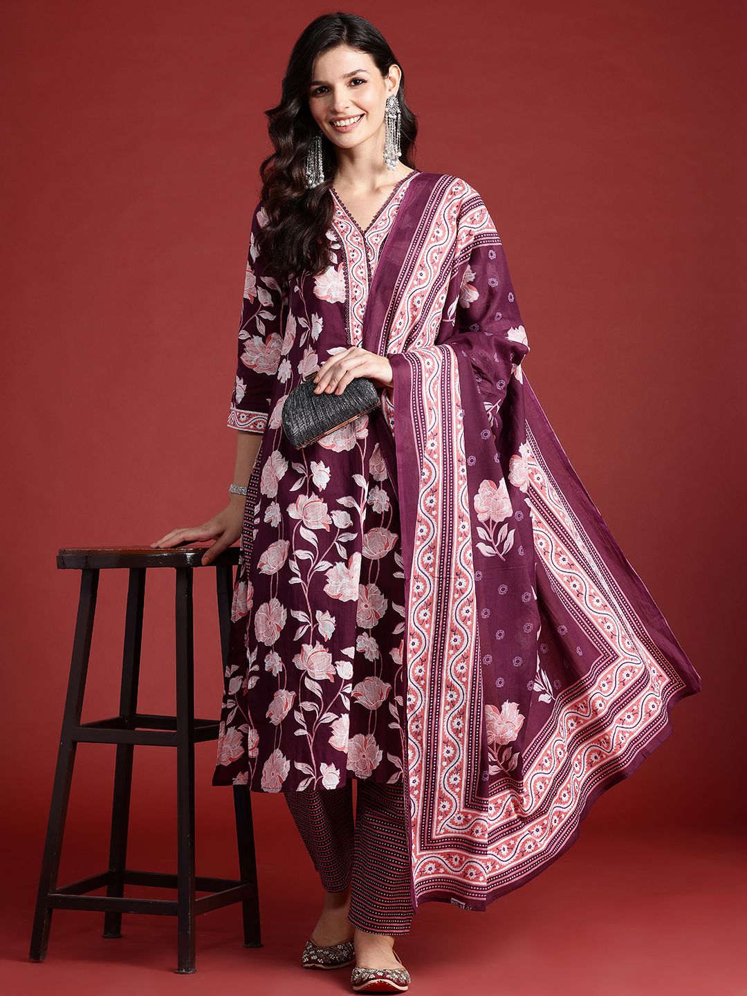 Indo Era Floral Printed Pure Cotton Kurta With Trousers & Dupatta