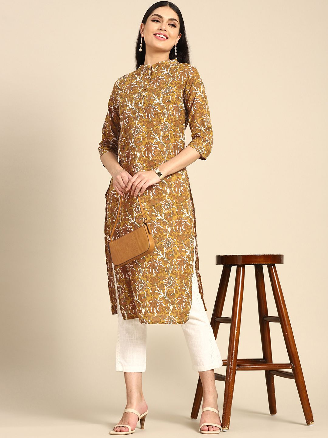 Anouk Women Olive Green & Mustard Yellow Pure Cotton Ethnic Motifs Printed Kurta