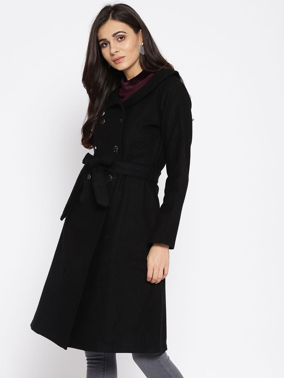 Athena Women Black Solid Longline Overcoat