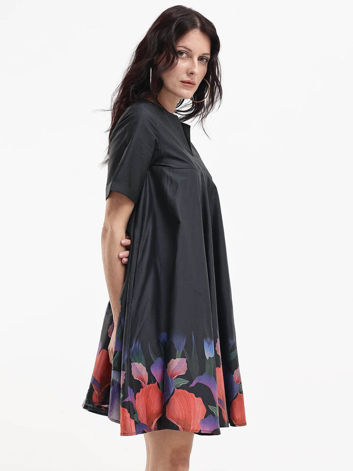 RAREISM Black Floral V-Neck Short Sleeves A-Line Women Cotton Dress